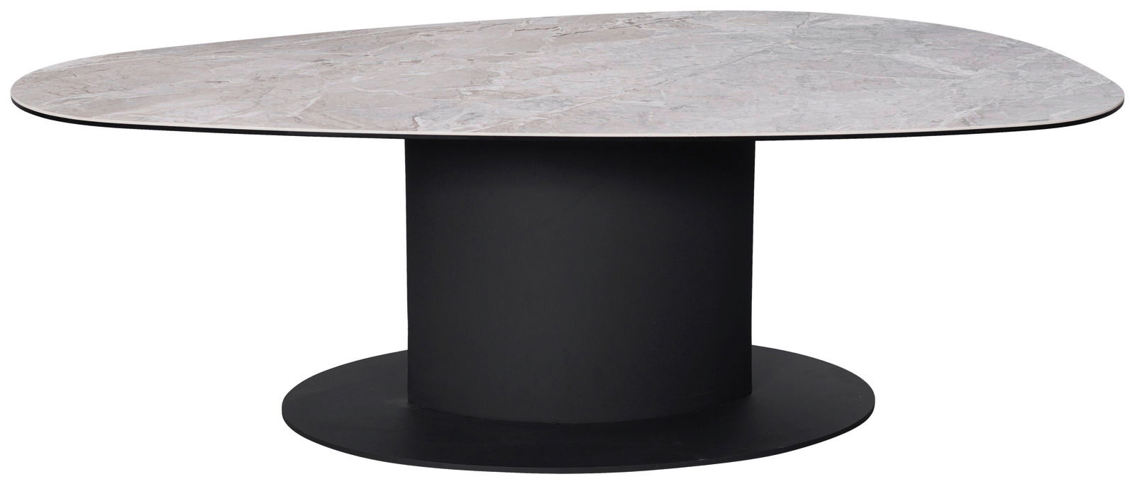 Moderner Couchtisch mit ovaler Marmorplatte und schwarzem zylindrischem Sockel, seitliche Perspektive