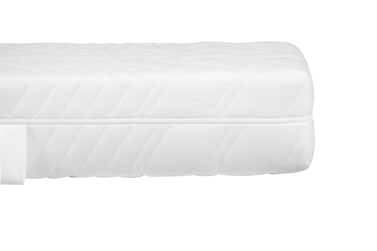 Seitenansicht einer weißen Taschenfederkernmatratze H3 mit gestepptem Bezug und Reißverschluss.