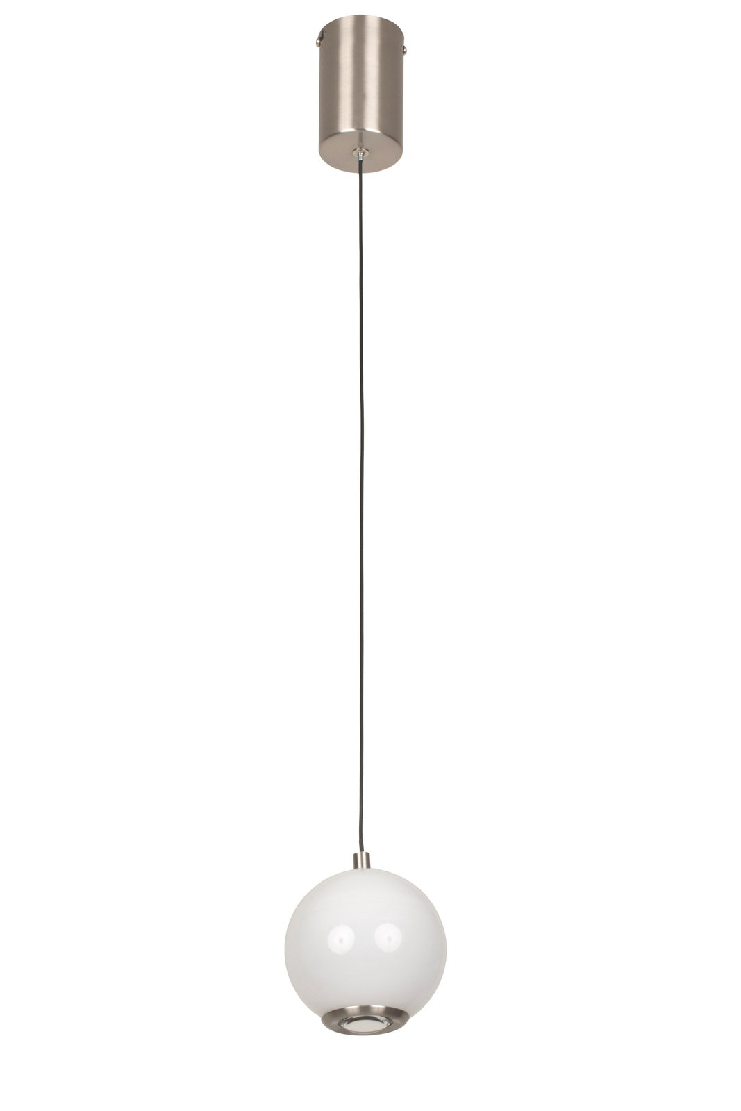 Moderne LED-Hängeleuchte mit kugelförmigem, weißem Lampenschirm und silberner Deckenhalterung, seitliche Perspektive.