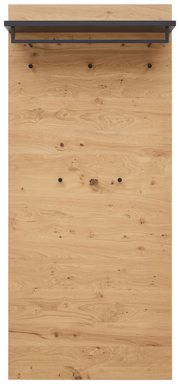 Frontale Ansicht eines XL-Garderobenpaneels aus Holz mit schwarzer Ablage und Haken.