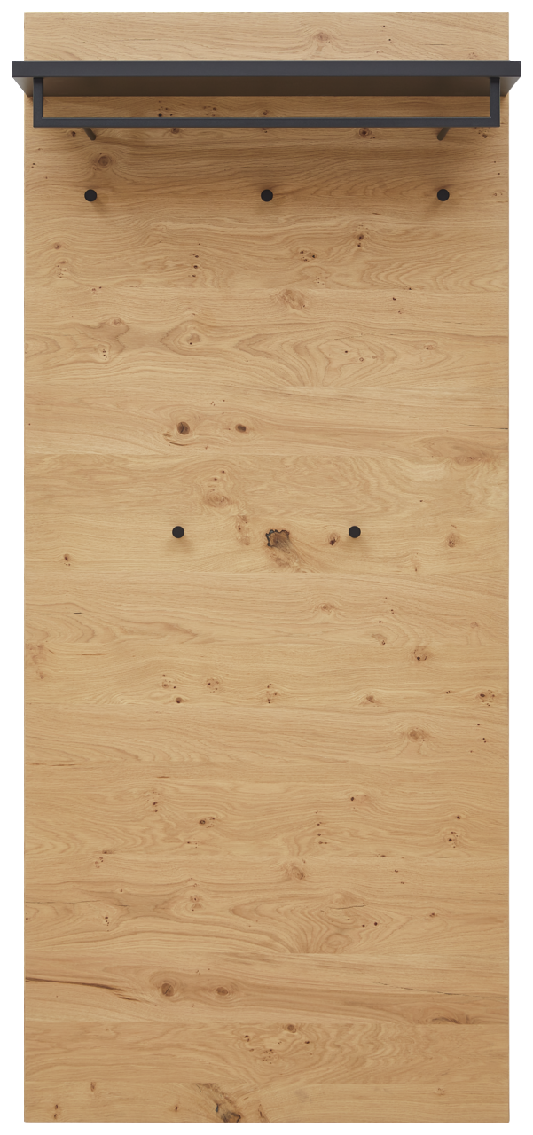 Frontale Ansicht eines XL-Garderobenpaneels aus Holz mit schwarzer Ablage und Haken.