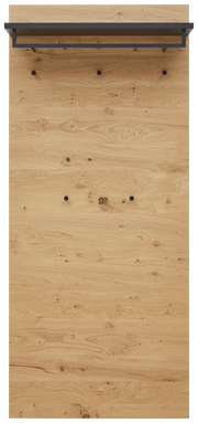 Frontale Ansicht eines XL-Garderobenpaneels aus Holz mit schwarzer Ablage und Haken.