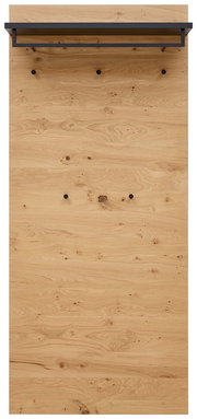 Frontale Ansicht eines XL-Garderobenpaneels aus Holz mit schwarzer Ablage und Haken.