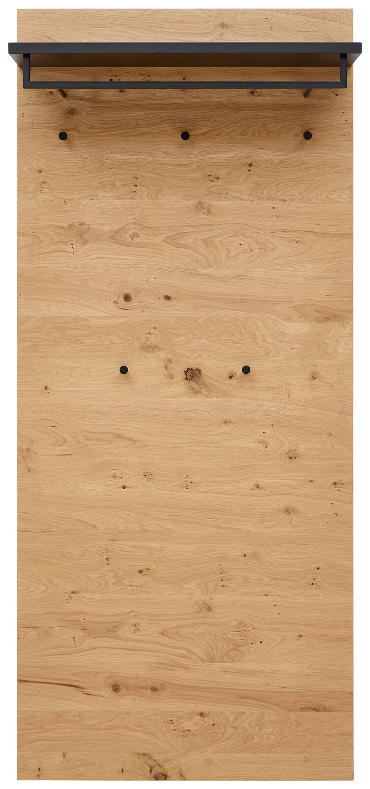 Frontale Ansicht eines XL-Garderobenpaneels aus Holz mit schwarzer Ablage und Haken.