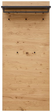 Frontale Ansicht eines XL-Garderobenpaneels aus Holz mit schwarzer Ablage und Haken.