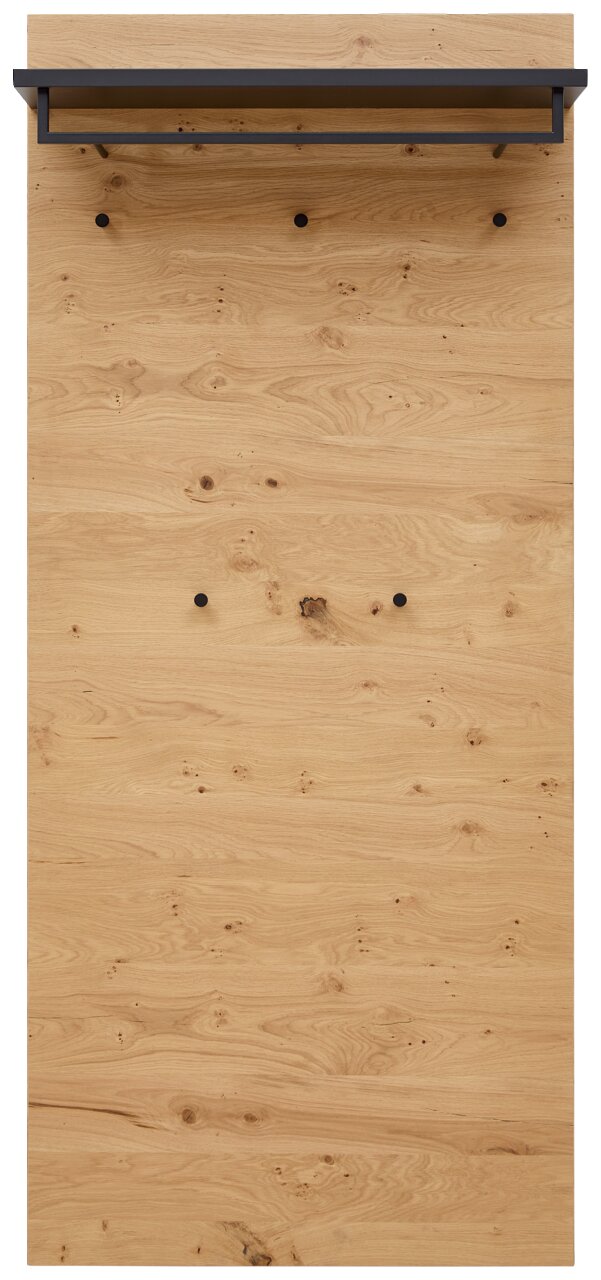 Frontale Ansicht eines XL-Garderobenpaneels aus Holz mit schwarzer Ablage und Haken.