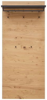 Frontale Ansicht eines XL-Garderobenpaneels aus Holz mit schwarzer Ablage und Haken.