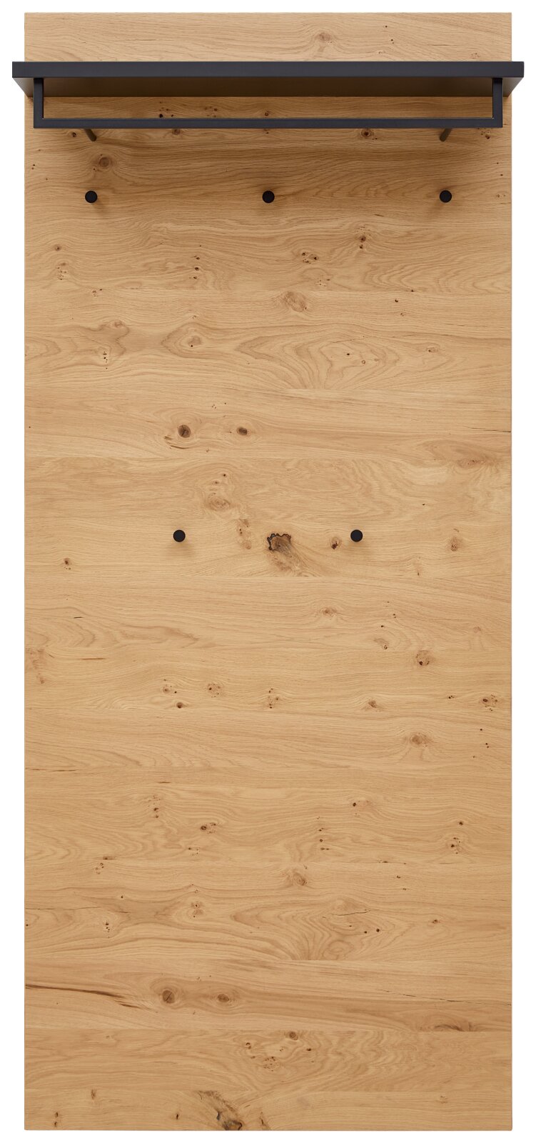 Dieter Knoll XL-Garderobenpaneel SAVONA Frontale Ansicht eines XL-Garderobenpaneels aus Holz mit schwarzer Ablage und Haken.