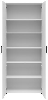 Frontalansicht eines offenen weißen Mehrzweckschranks mit fünf Einlegeböden.