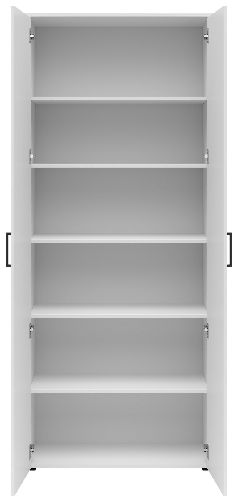 Frontalansicht eines offenen weißen Mehrzweckschranks mit fünf Einlegeböden.