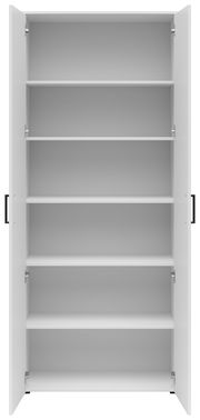 Frontalansicht eines offenen weißen Mehrzweckschranks mit fünf Einlegeböden.