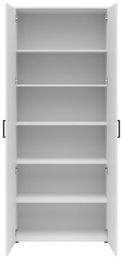 Frontalansicht eines offenen weißen Mehrzweckschranks mit fünf Einlegeböden.