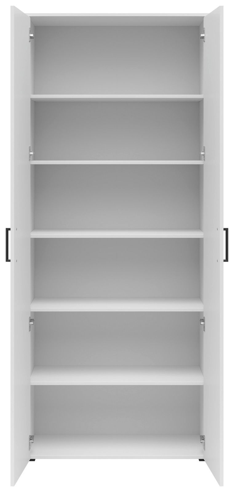 Frontalansicht eines offenen weißen Mehrzweckschranks mit fünf Einlegeböden.