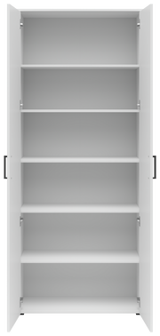 Frontalansicht eines offenen weißen Mehrzweckschranks mit fünf Einlegeböden.