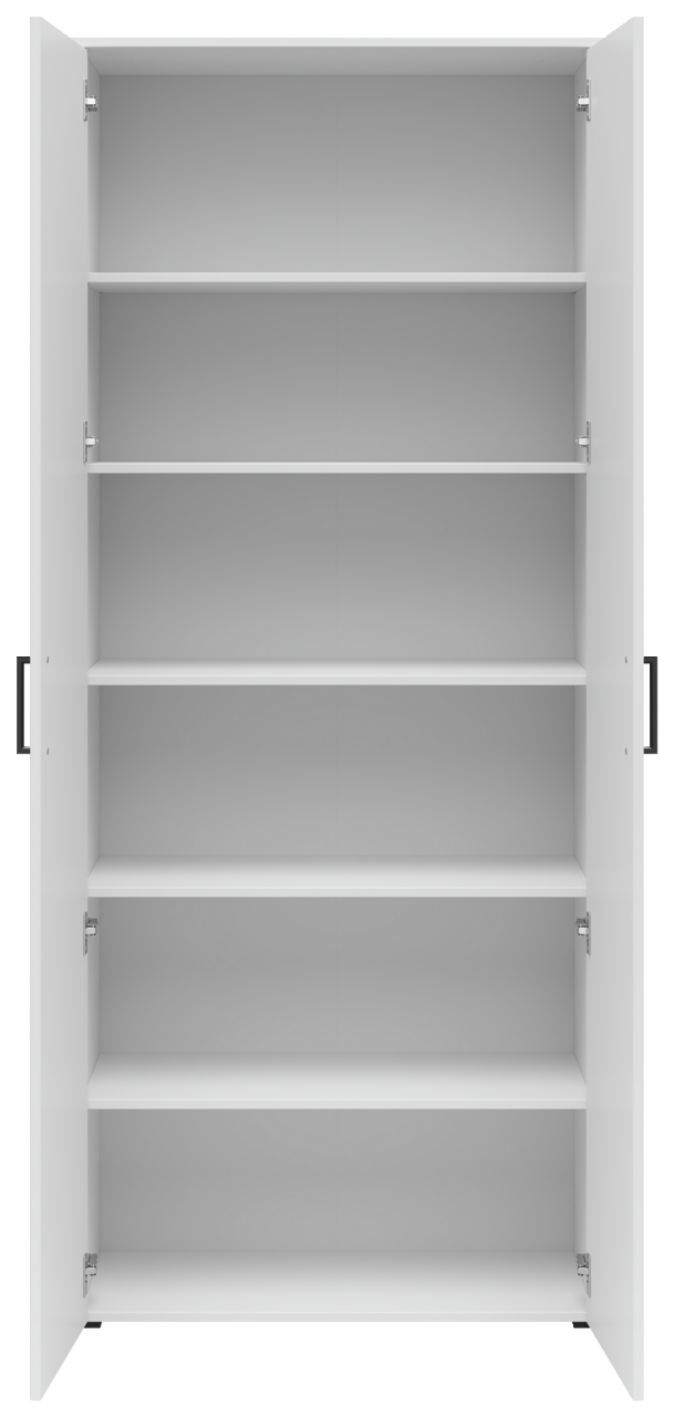 Frontalansicht eines offenen weißen Mehrzweckschranks mit fünf Einlegeböden.