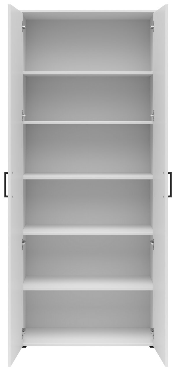 Frontalansicht eines offenen weißen Mehrzweckschranks mit fünf Einlegeböden.