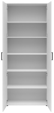 Frontalansicht eines offenen weißen Mehrzweckschranks mit fünf Einlegeböden.