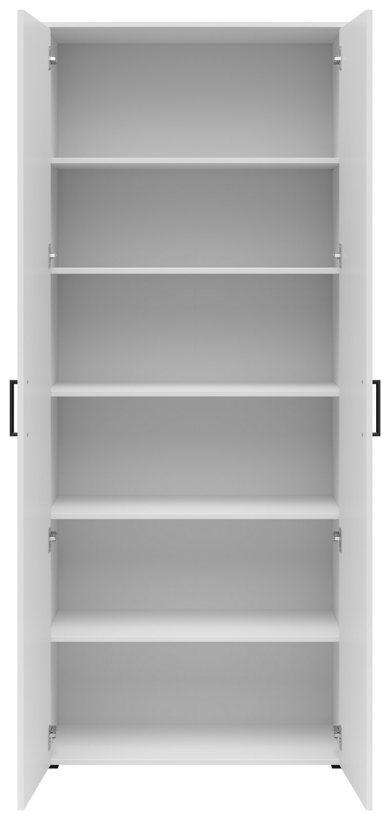 Frontalansicht eines offenen weißen Mehrzweckschranks mit fünf Einlegeböden.