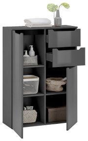 Graues Highboard mit offenen Regalfächern und Schubladen, dekoriert mit Handtüchern und Pflanzen, aus einer frontalen Perspektive.