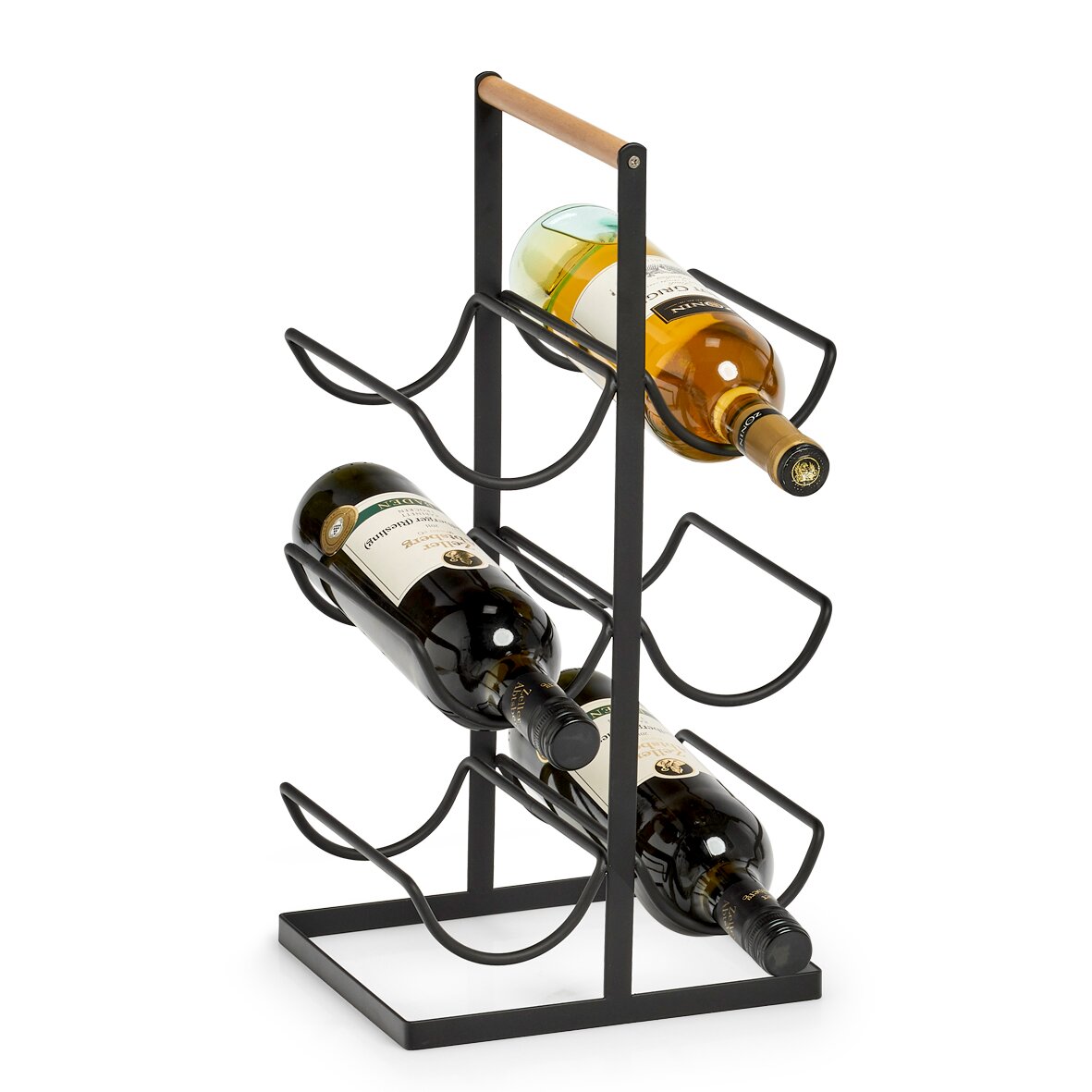 Weinregal für 6 Flaschen aus Metall mit Holzgriff, seitliche Perspektive