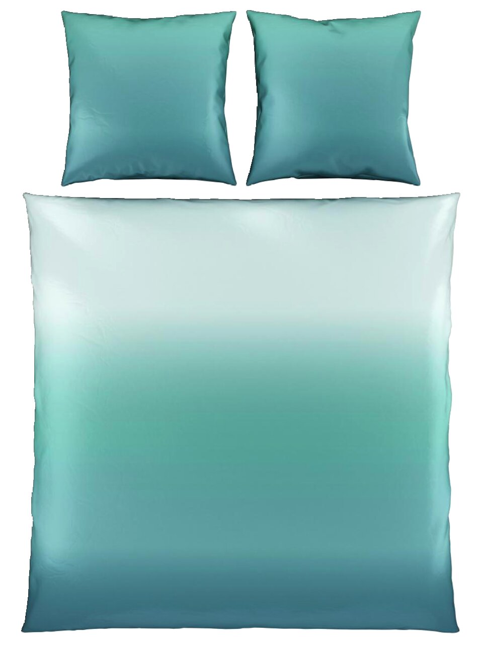 Bettwäsche-Set mit Farbverlauf von Weiß zu Blau, bestehend aus einem Bettbezug und zwei Kissenbezügen, aus der Vogelperspektive.