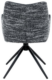 Achterkant van een moderne fauteuil met grijze stoffen bekleding en een zwart metalen frame.