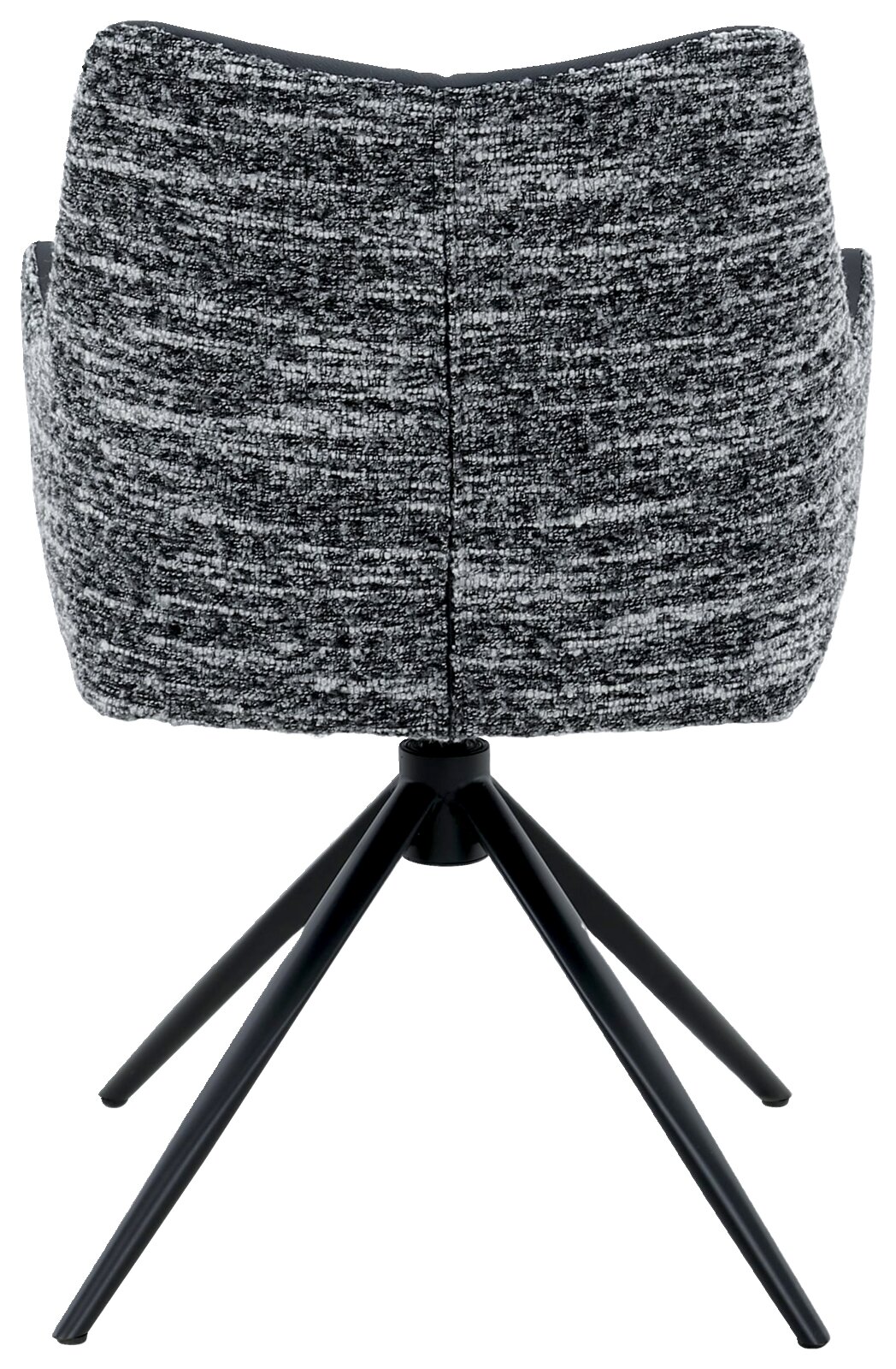 Achterkant van een moderne fauteuil met grijze stoffen bekleding en een zwart metalen frame.