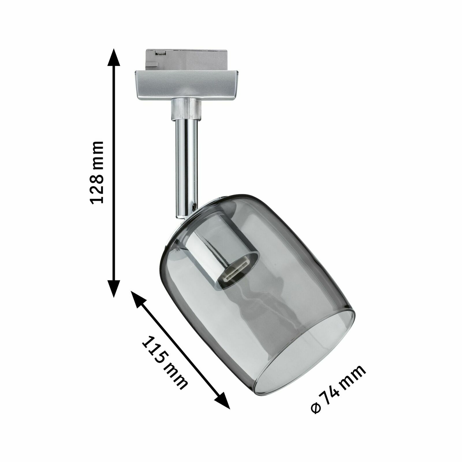 Schienenspot Blossom von PAULMANN URAIL, seitliche Perspektive, silberne Halterung mit transparentem, zylindrischem Lampenschirm, Maße: 128 mm hoch, 115 mm lang, Durchmesser 74 mm.