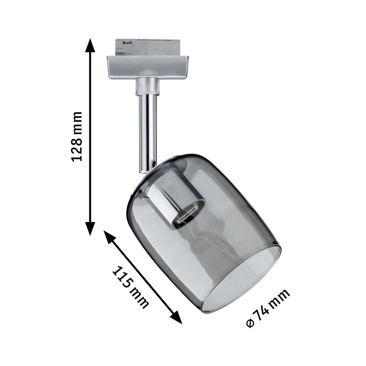 Schienenspot Blossom von PAULMANN URAIL, seitliche Perspektive, silberne Halterung mit transparentem, zylindrischem Lampenschirm, Maße: 128 mm hoch, 115 mm lang, Durchmesser 74 mm.
