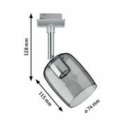 Schienenspot Blossom von PAULMANN URAIL, seitliche Perspektive, silberne Halterung mit transparentem, zylindrischem Lampenschirm, Maße: 128 mm hoch, 115 mm lang, Durchmesser 74 mm.