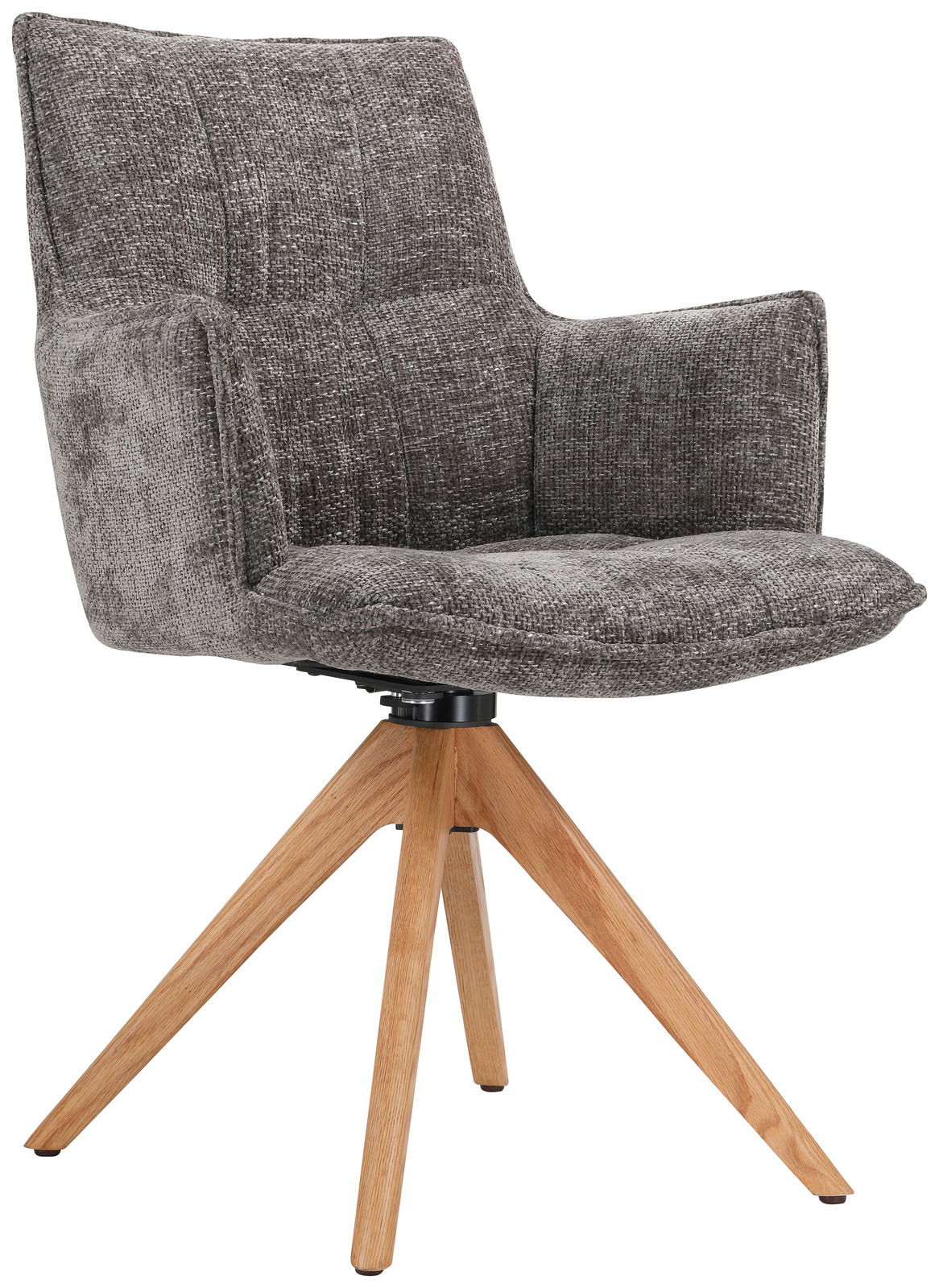 Novel Sessel OSAKA 4.0 Grauer Sessel mit gepolstertem Sitz und Rückenlehne, auf einem Holzgestell mit vier Beinen, seitliche Perspektive