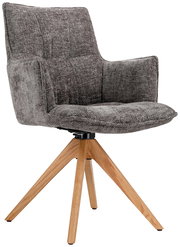 Grauer Sessel mit gepolstertem Sitz und Rückenlehne, auf einem Holzgestell mit vier Beinen, seitliche Perspektive