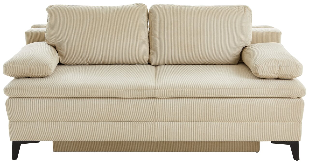 Beige Querschläfer-Sofa mit zwei Rückenkissen und Armlehnen, Vorderansicht