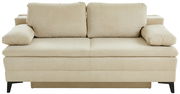 Beige Querschläfer-Sofa mit zwei Rückenkissen und Armlehnen, Vorderansicht