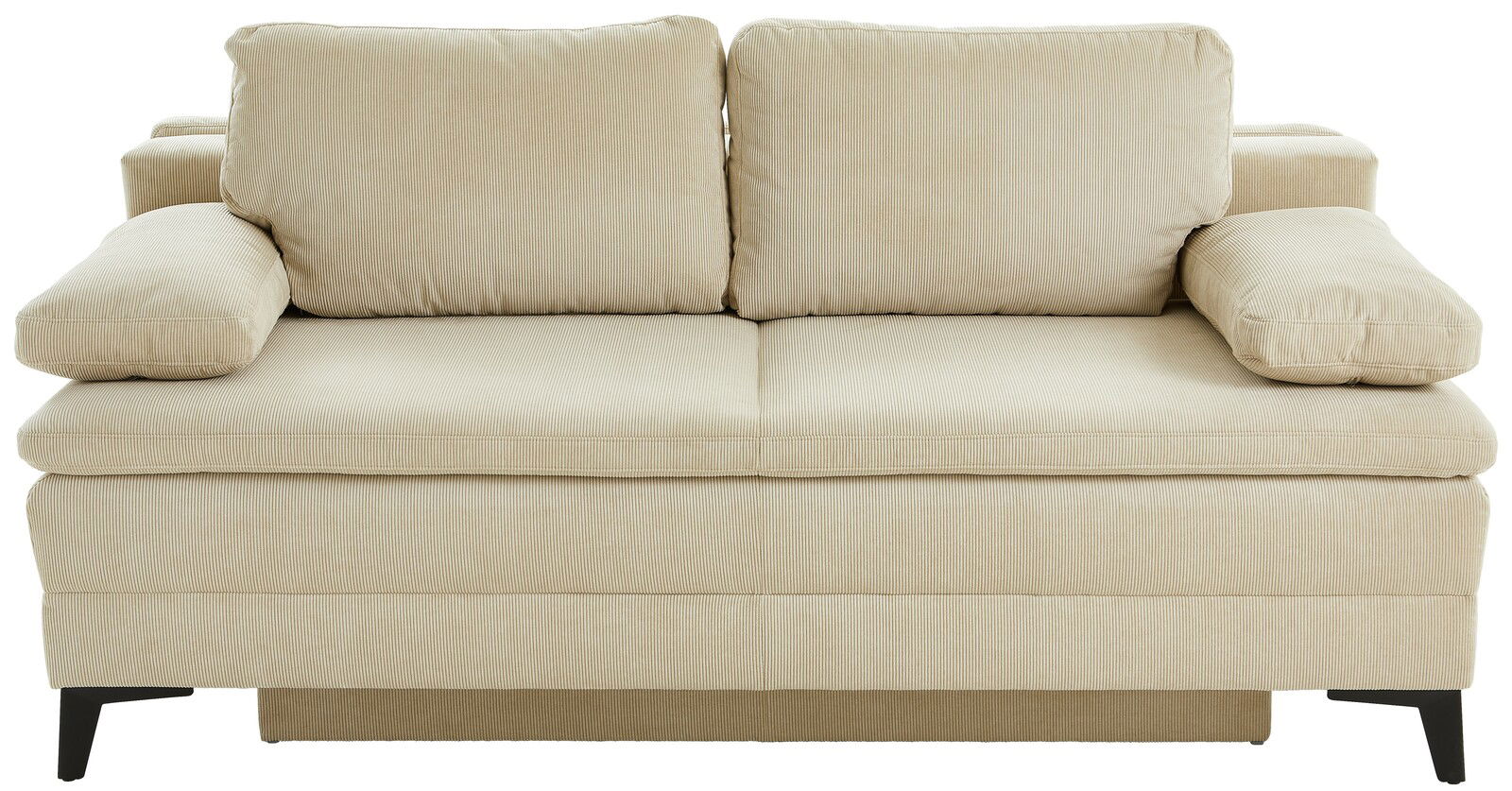 Beige Querschläfer-Sofa mit zwei Rückenkissen und Armlehnen, Vorderansicht