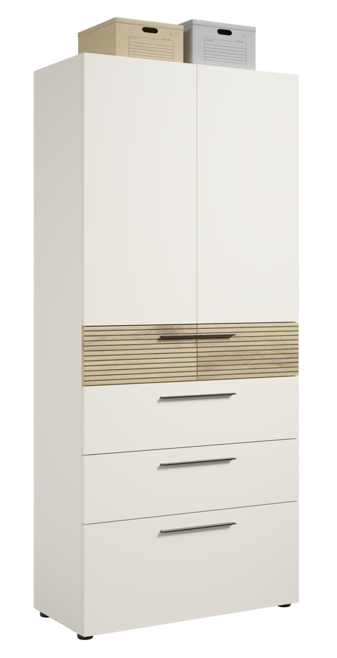 Aktenschrank mit Schubladen in weißer Farbe, frontal abgebildet, mit zwei oberen Türen und drei unteren Schubladen, sowie zwei Aufbewahrungsboxen auf der Oberseite.