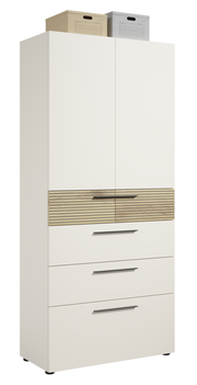Aktenschrank mit Schubladen in weißer Farbe, frontal abgebildet, mit zwei oberen Türen und drei unteren Schubladen, sowie zwei Aufbewahrungsboxen auf der Oberseite.