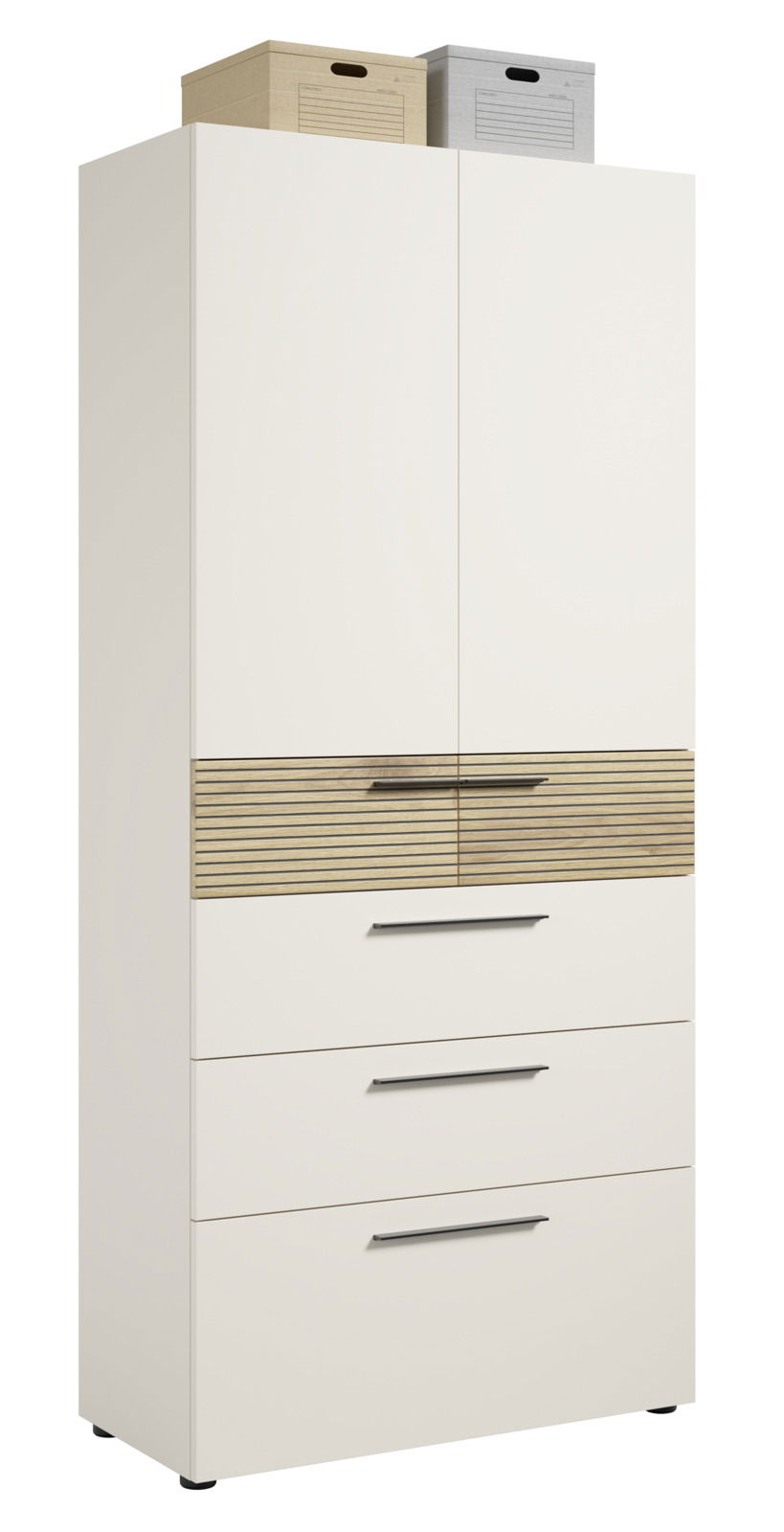 Aktenschrank mit Schubladen in weißer Farbe, frontal abgebildet, mit zwei oberen Türen und drei unteren Schubladen, sowie zwei Aufbewahrungsboxen auf der Oberseite.