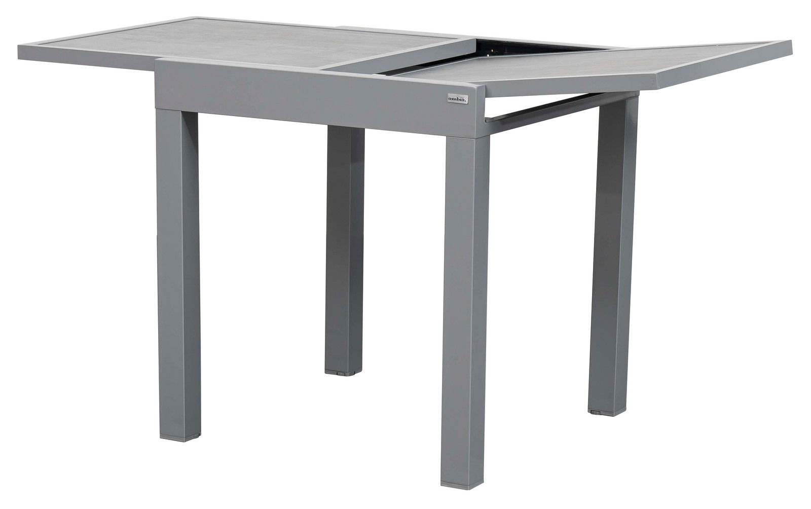 Moderner grauer Gartentisch mit ausziehbarer Tischplatte, seitliche Perspektive