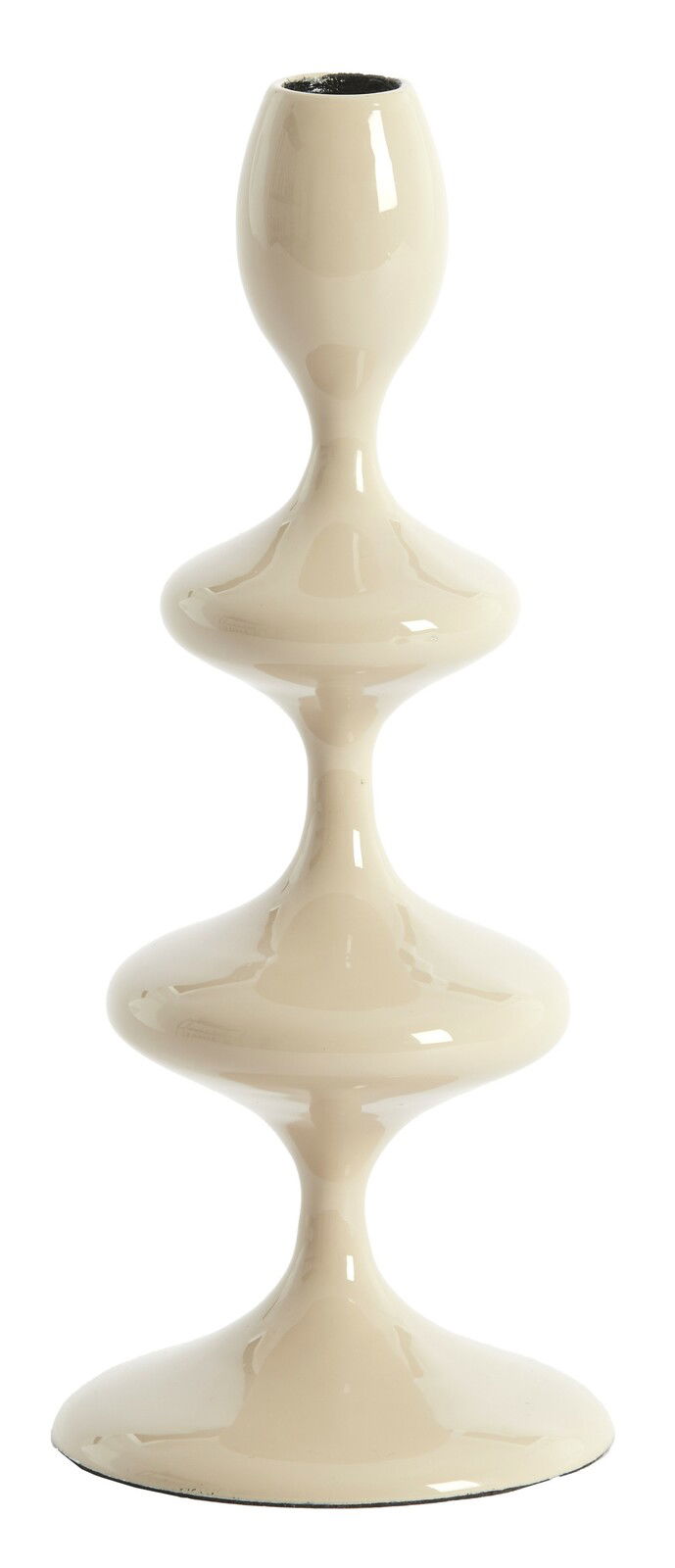 Eleganter, cremefarbener Kerzenständer mit geschwungenem Design, seitliche Perspektive.