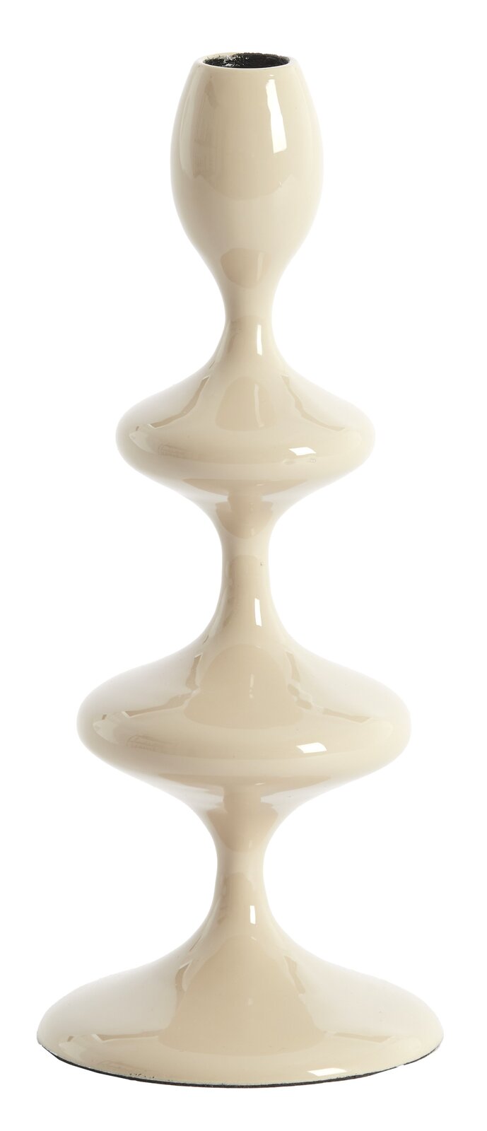Eleganter, cremefarbener Kerzenständer mit geschwungenem Design, seitliche Perspektive.