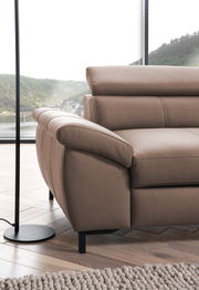 Nahaufnahme einer braunen Ledercouch mit Armlehne und verstellbarer Kopfstütze, im Hintergrund ein großes Fenster mit Blick auf eine grüne Landschaft.