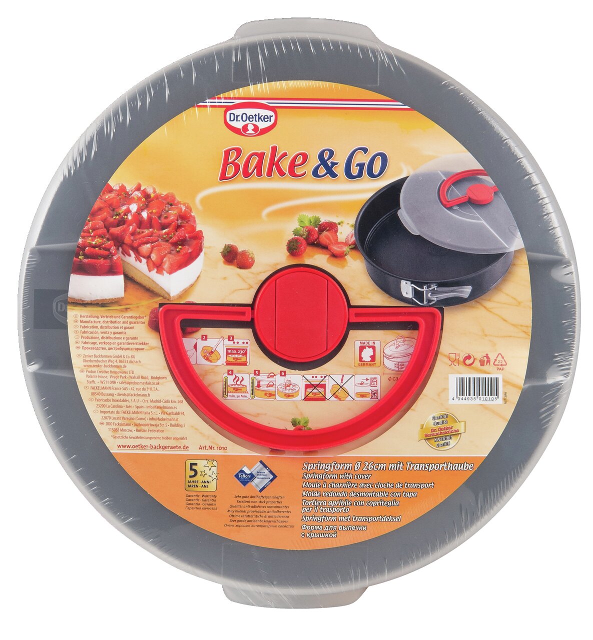 Springform 26cm Bake&Go mit rotem Griff und Transporthaube, Vorderansicht