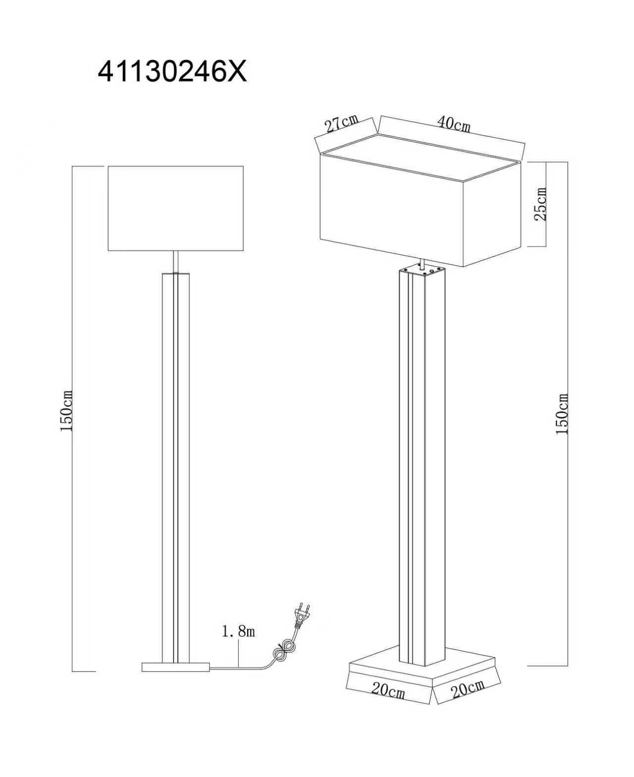 Technische Zeichnung einer modernen Stehlampe mit rechteckigem Lampenschirm (40 × 27 × 25 cm), Gesamthöhe 150 cm, quadratischem Sockel 20 × 20 cm und 1,8 m Kabel, dargestellt in Vorderansicht und perspektivischer 3D-Ansicht.