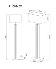 Technische Zeichnung einer modernen Stehlampe mit rechteckigem Lampenschirm (40 × 27 × 25 cm), Gesamthöhe 150 cm, quadratischem Sockel 20 × 20 cm und 1,8 m Kabel, dargestellt in Vorderansicht und perspektivischer 3D-Ansicht.