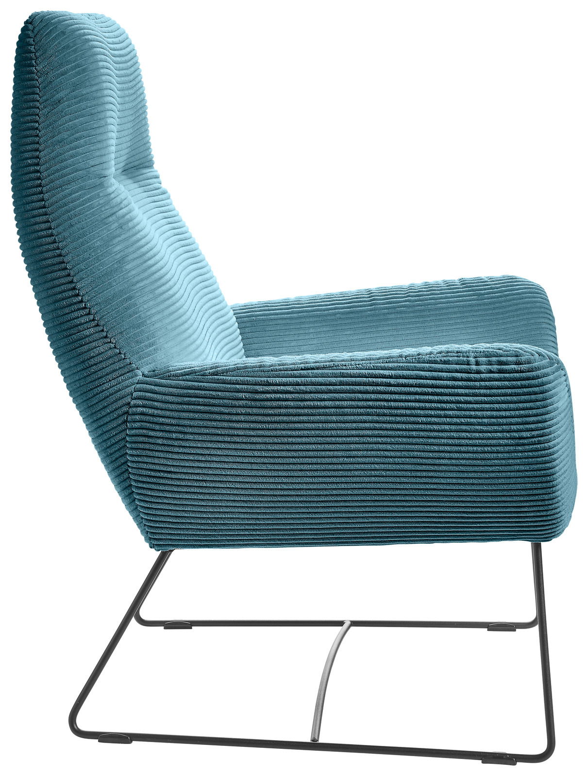 Moderner Sessel mit blauem, geripptem Stoffbezug und schlankem Metallgestell, Seitenansicht