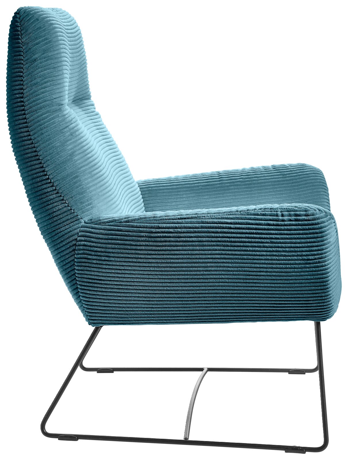 Moderne fauteuil met blauwe, geribbelde stoffen bekleding en een slank metalen frame, zijaanzicht