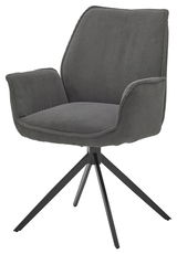 Grauer Armlehnstuhl mit modernem Design und vier schwarzen Metallbeinen, seitliche Perspektive