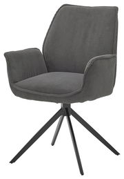 Grauer Armlehnstuhl mit modernem Design und vier schwarzen Metallbeinen, seitliche Perspektive