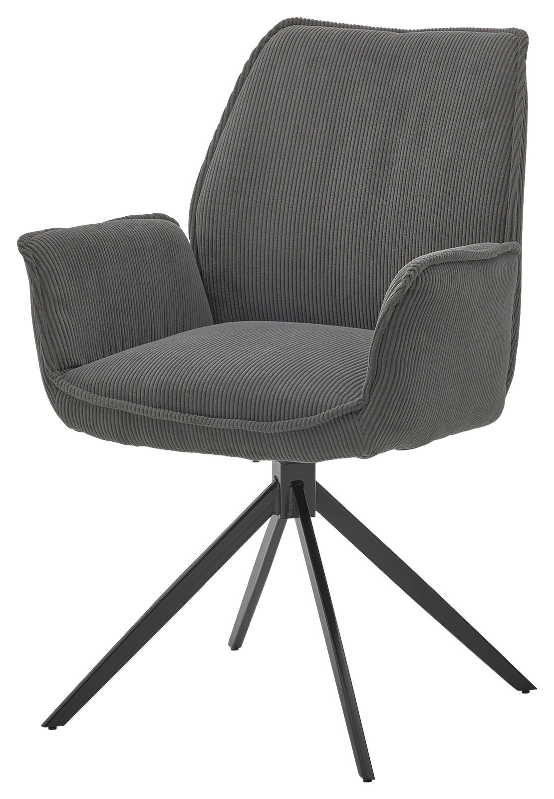 Grauer Armlehnstuhl mit modernem Design und vier schwarzen Metallbeinen, seitliche Perspektive